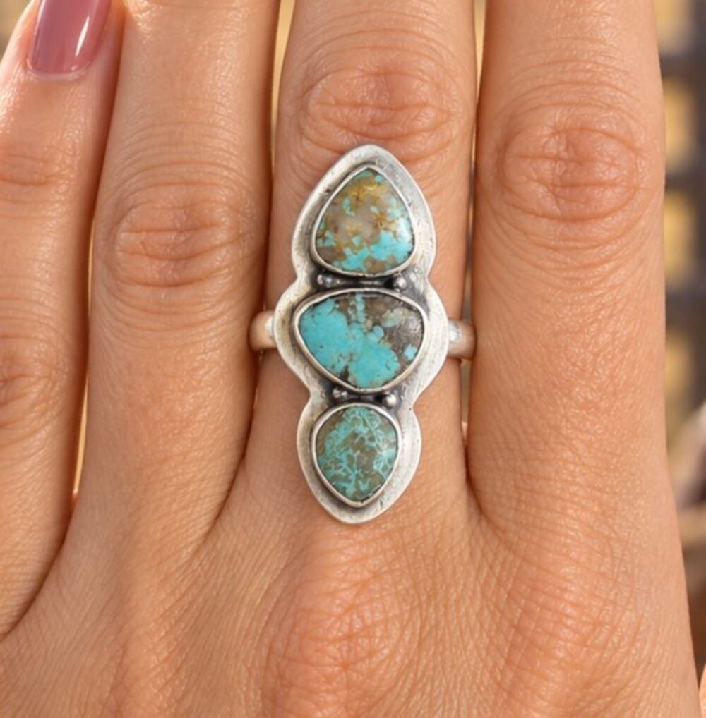 Number 8 Turquoise Three-Stone Crawler Ring – Adjustable Sterling Silver